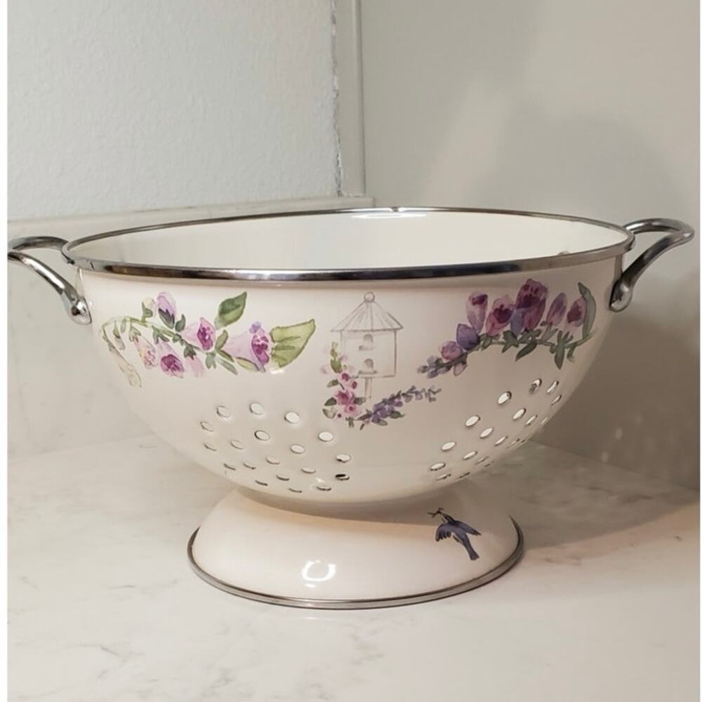 Vintage Enameled Steel Colander Floral Garden Cottagecore Birdhouse Bird